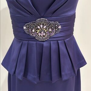 NWT Eliza J Plum purple Peplum satin Midi Dress with sequins brooch waist formal